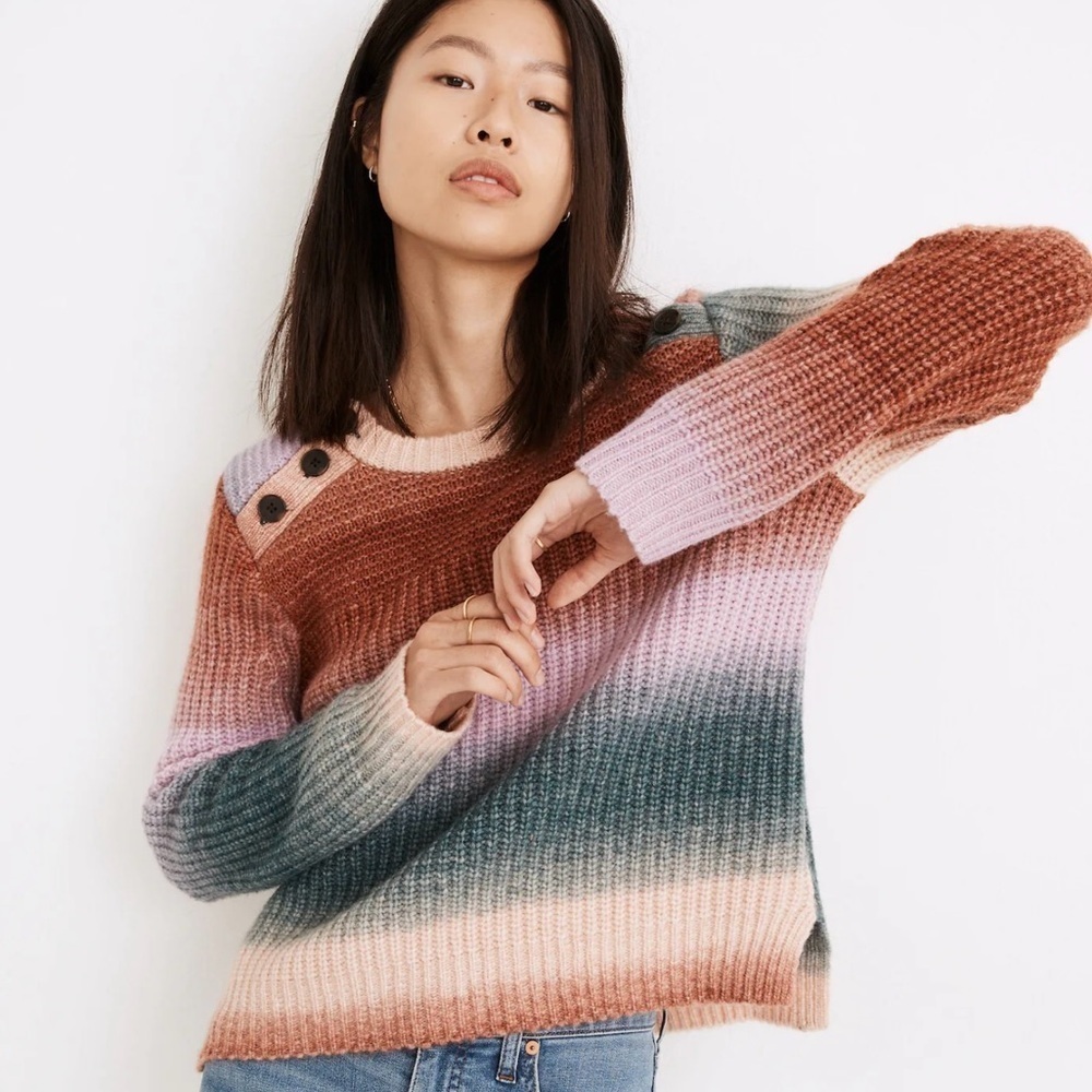 Madewell Space-Dyed Button Shoulder Crew Neck Knit Sweater, Multicolored, Small